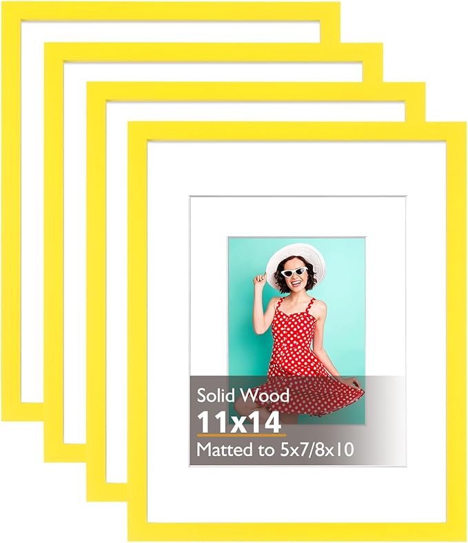 KINLINK 11x14 Picture Frame Yellow, Solid Wood Frames with Acrylic Plexiglass for Pictures 5x7/8x10 with Mat or 11x14 without Mat, Tabletop and Wall Display Photo Frame, Set of 4
