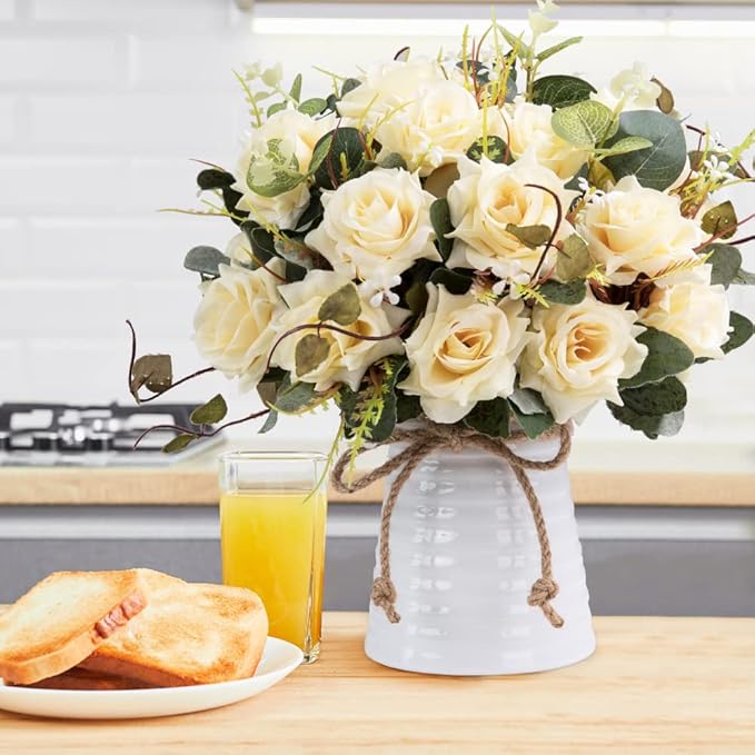 LESING Artificial Rose with Vase, Fake Silk Flowers Bouquets in Vase Table Centerpiece Arrangement for Kitchen Living Room(Champagne-1)