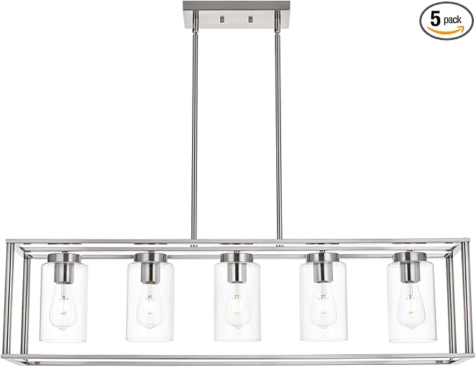 VINLUZ Contemporary Chandeliers Brushed Nickel 5 Light Modern Dining Room Lighting Fixtures Hanging, Kitchen Island Linear Pendant Lights Farmhouse Flush Mount Ceiling Light with Glass Shade