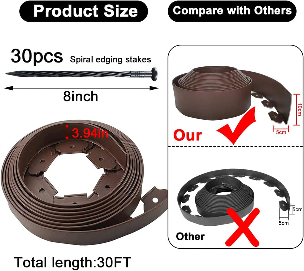 Landscape Edging 33ft,Garden Edging Borders[Extra Tall 4IN ] Flexible Lawn Edging Kit with 30pcs Spikes,Heavy Duty Landscaping Edge Mini Plastic Fence for Yard Grass Flower Bed -Brown