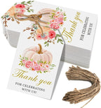 50 Pink Pumpkin Gift Tags - Fall Theme with String, Thank You Tags for Wedding, Birthday, Baby Shower & Party Favors (Two Colors)