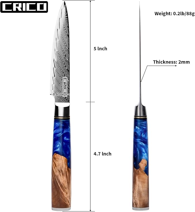 CRICO Paring Knife 5 inch, Kitchen Utility Knife, Fruit Paring Knives, VG10 Damascus Super Steel Forged 67-Layers, Full Tang Wood&Resin Handle, Gift Box - Flow Series