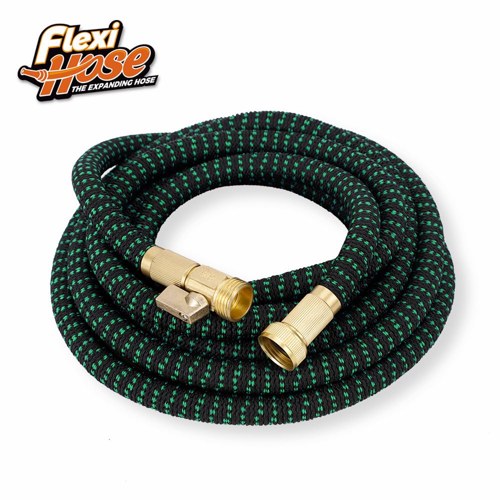 Flexi Hose with 8 Function Nozzle, 25FT - Lightweight Expandable Garden Hose, No-Kink Flexibility, 3/4 Inch Solid Brass Fittings and Double Latex Core - Black and Green