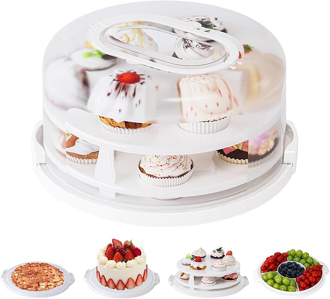 Round Cupcake Carrier for Transport, Two Tier Cupcake Container with Lid and Handle, Multipurpose Cake Holder fits 10 inch Cake, Cupcake Box Holds 14 Standard Cupcakes,White