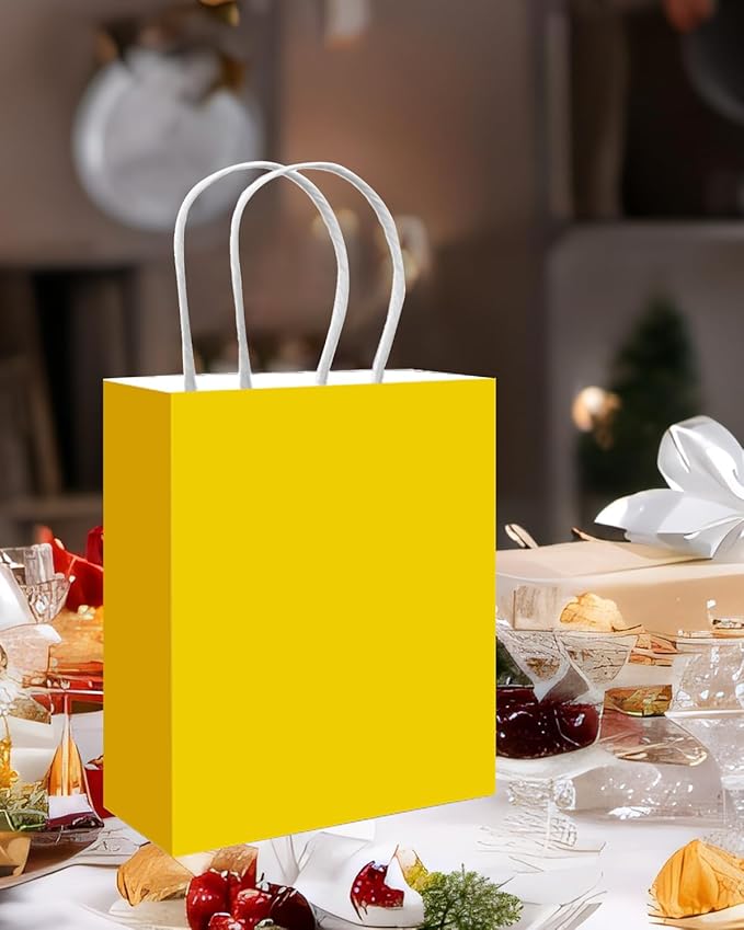 qiqee 50-Packs Bright Yellow Paper Gift Bags with Handles Bulk 13"x10.3"x4.6" Large Size Party Favor Bags Multiple Uses