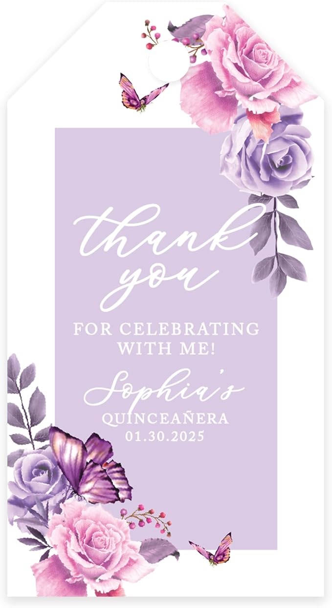 Andaz Press 40-Pack Personalized Quinceañera Favor Tags with String, Lilac Butterflies Custom Classic Thank You Gift Tags for Quince Años XV 15th Birthday Favor Gifts Quinceanera Decorations