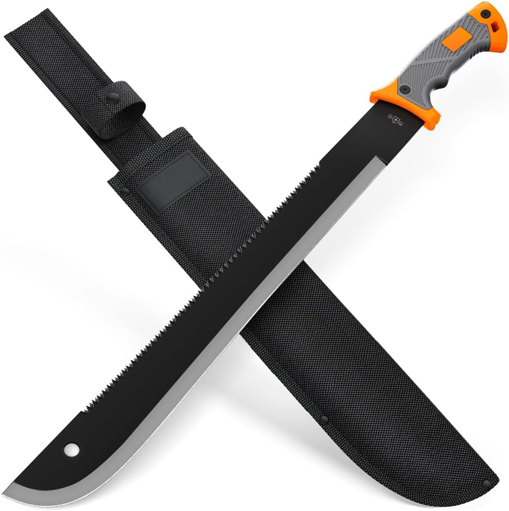 Machete with Saw - 25” Heavy Duty Tool & Sheath - Ergonomic No-Slip Handle - Survival Knife with Serrated Blade - Machetes for Bushcraft Outdoor Hunting Garden Cutting Trees and Yard Work