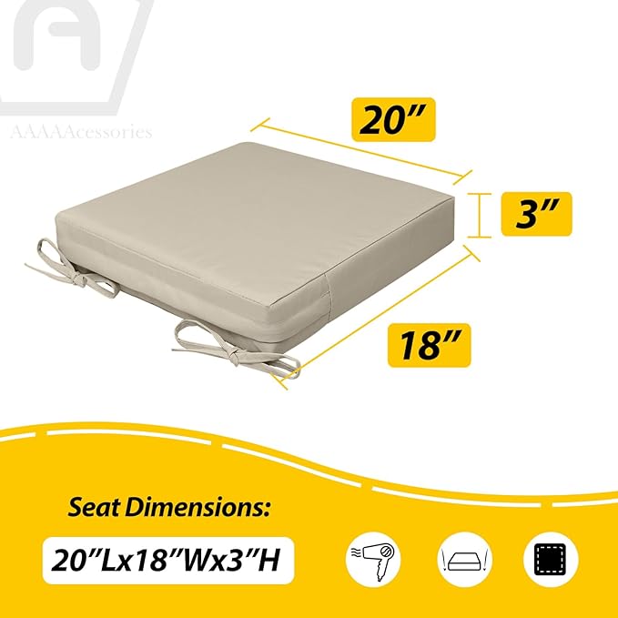 AAAAAcessories Outdoor Seat Cushions for Chairs, Waterproof, Fade-Resistant, 20" x 18" x 3", Patio Furniture Replacement Cushions, Set of 2, Beige