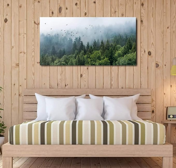 Green Forest Wall Art Tropical Forest Mountain Bird Contemporary Canvas Pictures Modern Artwork Framed for Bathroom Bedroom Nursery Living Room Home Office Kitchen Wall Decor 29" x 58"