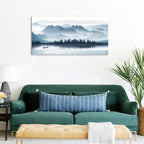 arteWOODS Indigo Canvas Wall Art Misty Mountain Wall Pictures Foggy Lake Boat Canvas Painting Prints Forest Birds Canvas Wall Decor for Living Room Wall Decorations Framed Ready to Hang 24" x 48"