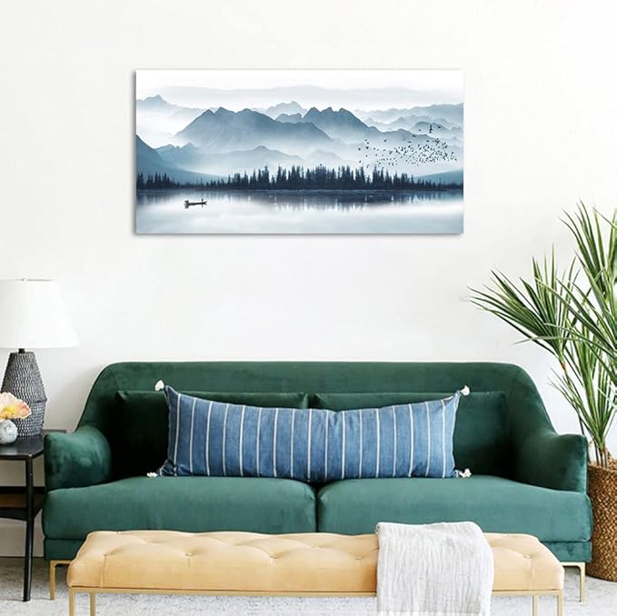 arteWOODS Indigo Canvas Wall Art Misty Mountain Wall Pictures Foggy Lake Boat Canvas Painting Prints Forest Birds Canvas Wall Decor for Living Room Wall Decorations Framed Ready to Hang 24" x 48"
