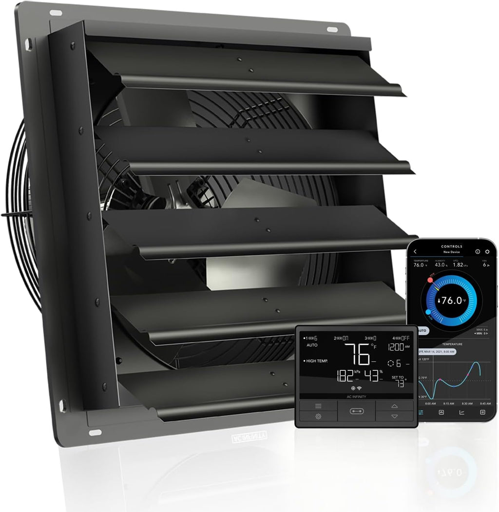 AC Infinity AIRLIFT T16, Shutter Exhaust Fan 16" with WiFi Temperature Humidity Controller, EC-Motor Wall Mount Ventilation and Cooling for Sheds, Attics, Workshops, and Greenhouses