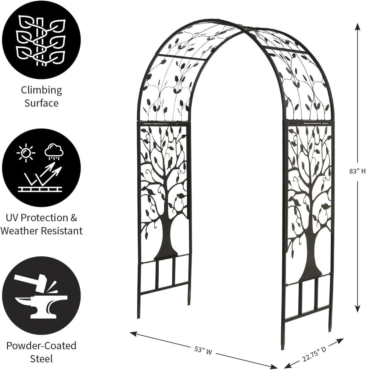 Plow & Hearth Arch Metal Outdoor Garden Arbor | Tree of Life | 83 Inches Tall | Black | Trellis Lattice for Plants | Wedding | Outdoor Patio Décor
