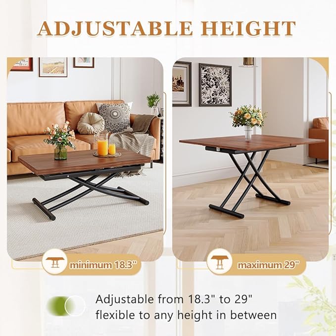 4 in 1 Folding Dining Table with Adjustable Lift Top & Wheels, Multi-Function Coffee Table to Dining Table for Apartments, Kitchens, Living Rooms, Scratch-Resistant & Easy Assembly