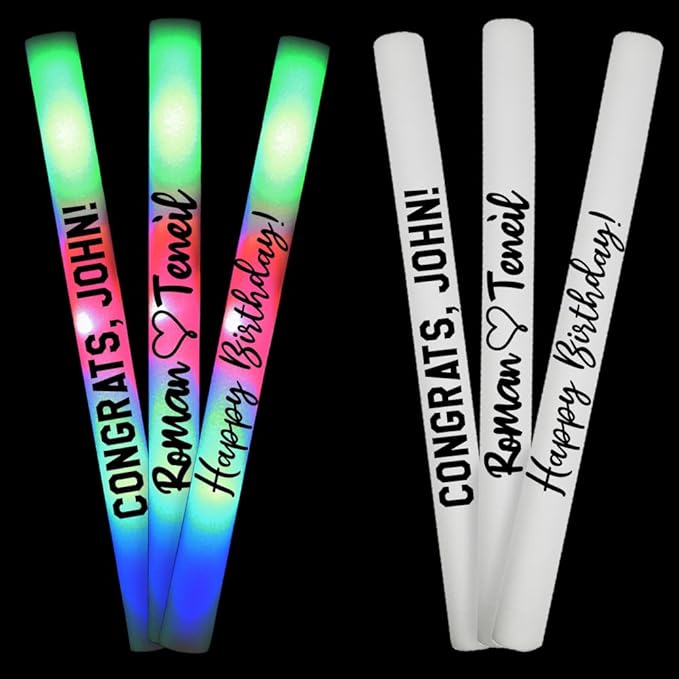 Pack of 100 Custom LED Party Foam Light Sticks Batons for Wedding, Parties, Birthdays, Guests, Party, DJ, Concerts, Festivals, Events, Promotions 3 Color Lighting Modes Batteries 16"