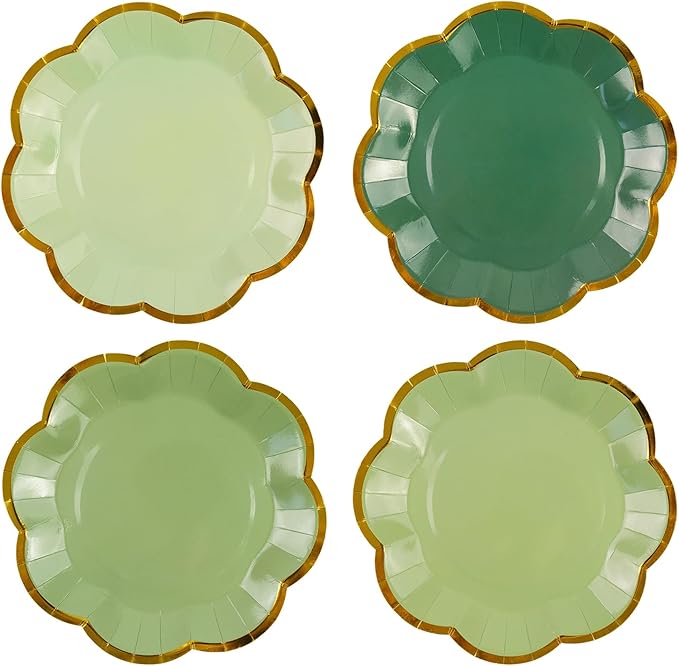 48Pcs Sage Green Scalloped Party Plates - 7inch Gold Foil Gradient Green Dessert Paper Plate Disposable Cake Plates for Birthday Bridal Baby Shower Wedding Party Decorative Supplies