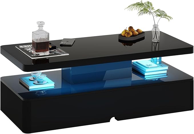 MXV Modern Coffee Table, 47 Inches Coffee Tables with 16 Colors LED Lights, 2 Tier Rectangular Center Table, Large Storage Space, High Glossy Wooden Tea Table for Living Room, Bedroom, Office, Black