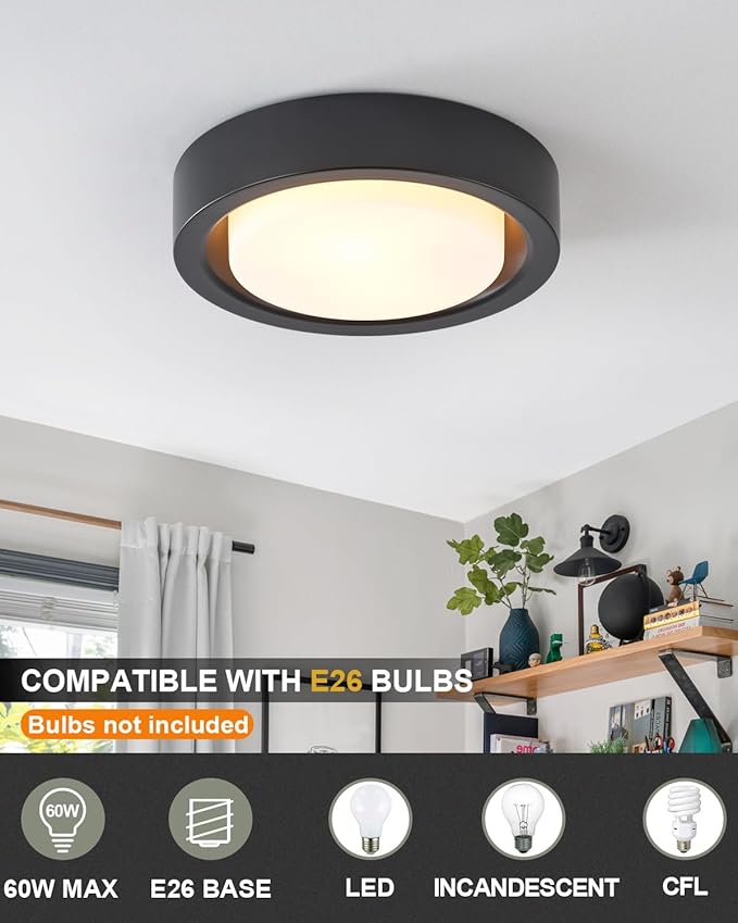 13 Inch Flush Mount Ceiling Light,Black Finish Plate with Frosted Glass Shade,Round Ceiling Lighting Fixture for Hallway Bedroom Closet Livingroom Kitchen Stairwell (Black)