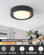 13 Inch Flush Mount Ceiling Light,Black Finish Plate with Frosted Glass Shade,Round Ceiling Lighting Fixture for Hallway Bedroom Closet Livingroom Kitchen Stairwell (Black)
