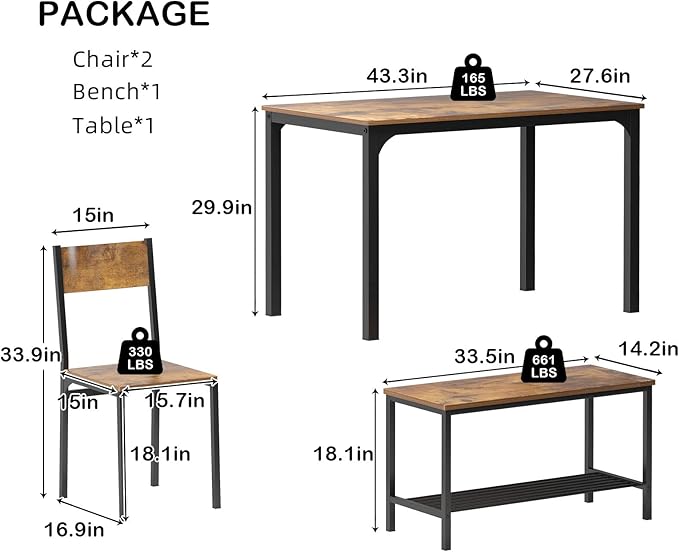 soges 4 Pieces Dining Table Set, 43.3 inch Kitchen Table Set for 4, Dining Set with 2 Chairs and Bench with Storage Rack, Nesting Furniture Set for Dining Room, Kitchen, Restaurant, Rustic Brown
