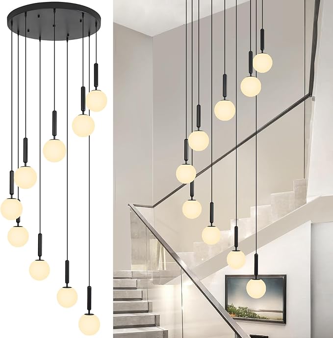 9-Lights Black Chandelier with Milk White Glass Mid Century Modern Globe Pendant Light for Foyer Living Room Entryway Hallway