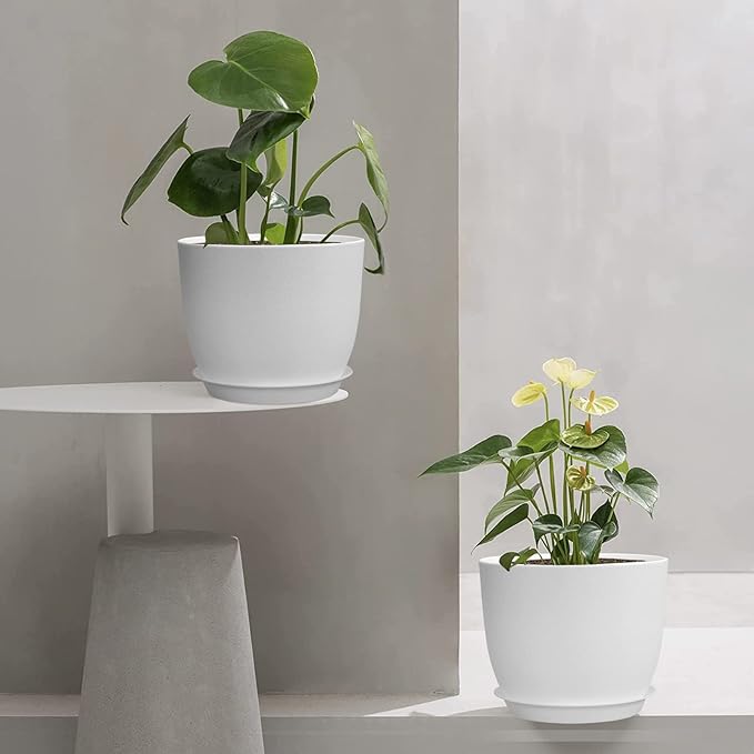12/10/9 Large Modern Plant Pots, Plastic Planters with Drainage Holes and Saucers for Indoor Outdoor Plants Flowers, White