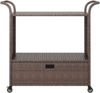 Outdoor Rolling Wicker Bar Cart with Drawer, Portable Bar Cart with Wheels, Patio Kitchen Island Cart for Pool Deck Backyard, Brown 39.4"x17.7"x38.2" Poly Rattan -459