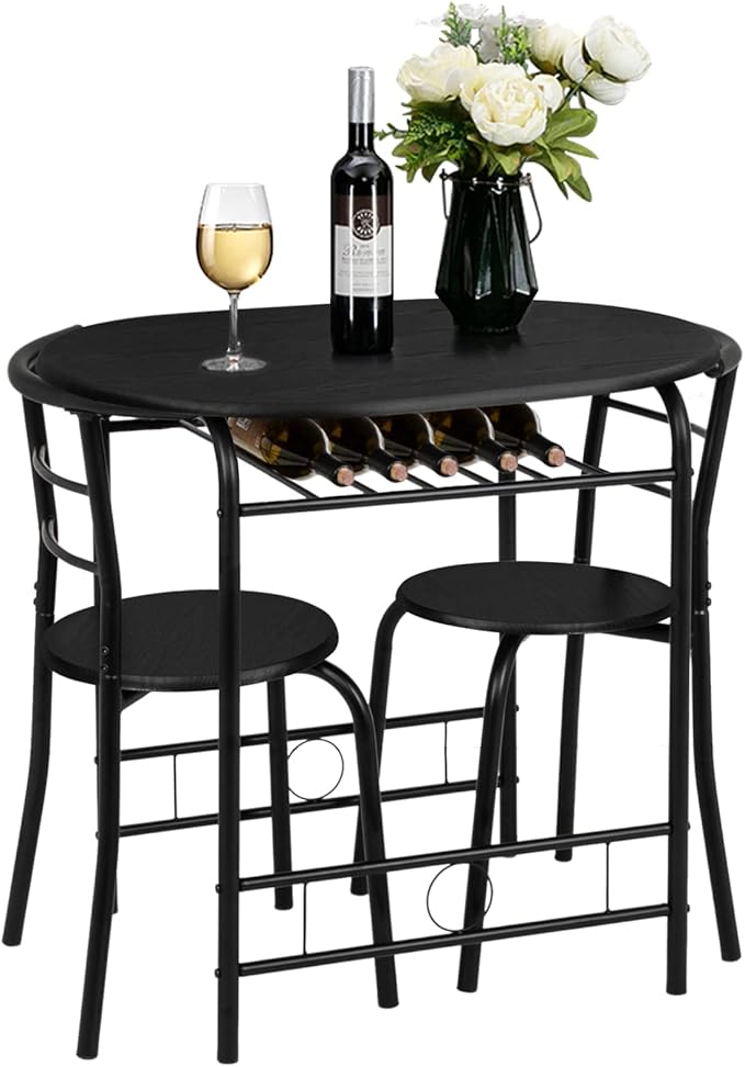 VINGLI 3 Piece Dining Set,Small Kitchen Table Set for 2,Breakfast Table Set,Kitchen Wooden Table and 2 Chairs for Small Space/Dining Room/Apartment,Metal Frame,Wine Rack,Black