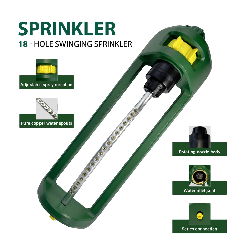 Lawn Sprinkler, 18 Brass Nozzles Garden Water Oscillating Sprinkler for Yard Covers up to 3,600 sq.ft, Heavy Weight Base, Built-in Spray Jet Cleaning Needle, Green, Yellow