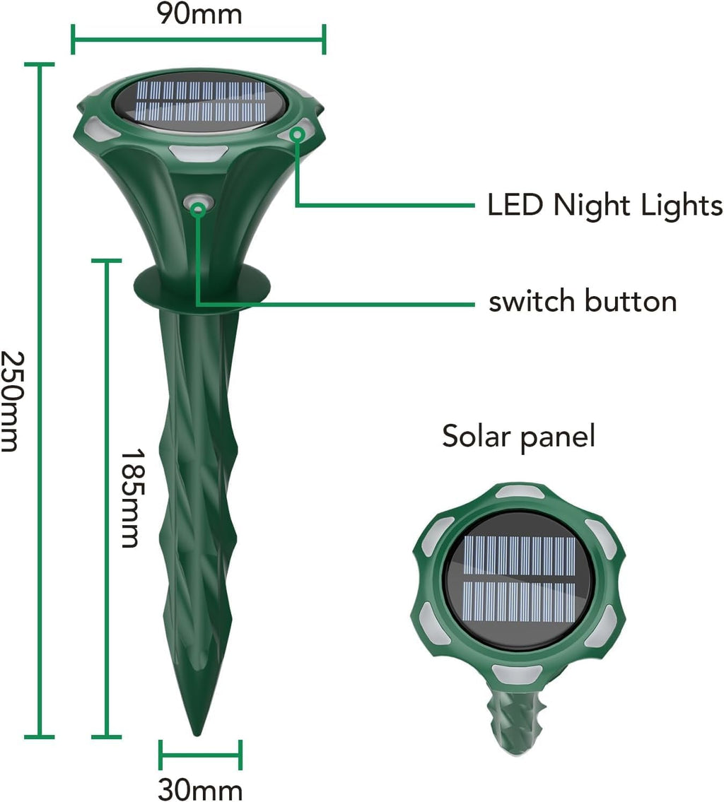 Mole Repellent Solar Powered, 2 Pack Snake Repellent for Yard Waterproof Motion Detection LED Flash Light, Ultrasonic Skunk Repellent Get Rid of Mole, Vole, Rabbit, Gopher, Raccoon, Deer
