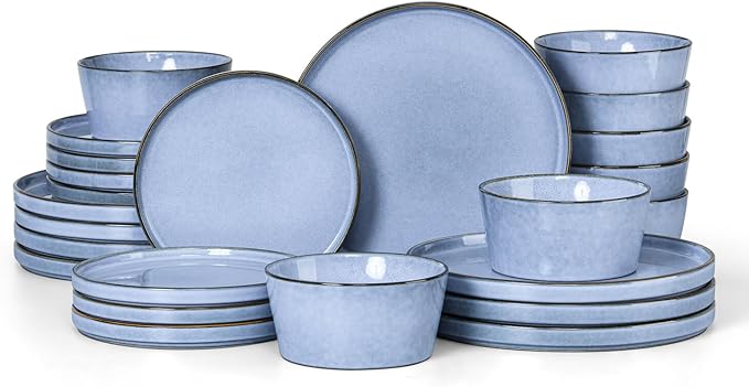 Herogo 24-Piece Stoneware Dinnerware Set for 8, Dinner Plates and Bowls Sets, Double Reactive Glaze Dishware Place Setting for Kitchen, Scratch Resistant, Microwave Safe, Haze Blue