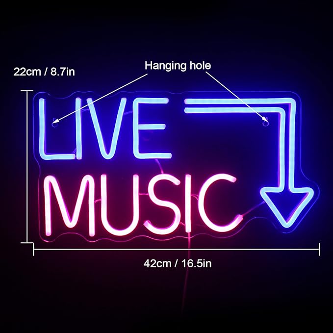 Live Music Neon Sign LED Neon Sign Large Blue and Pink Words for Music Studio USB Powered Switch for Wall Decor Beer,Bar,Music Studio,Bedroom,Party,Club