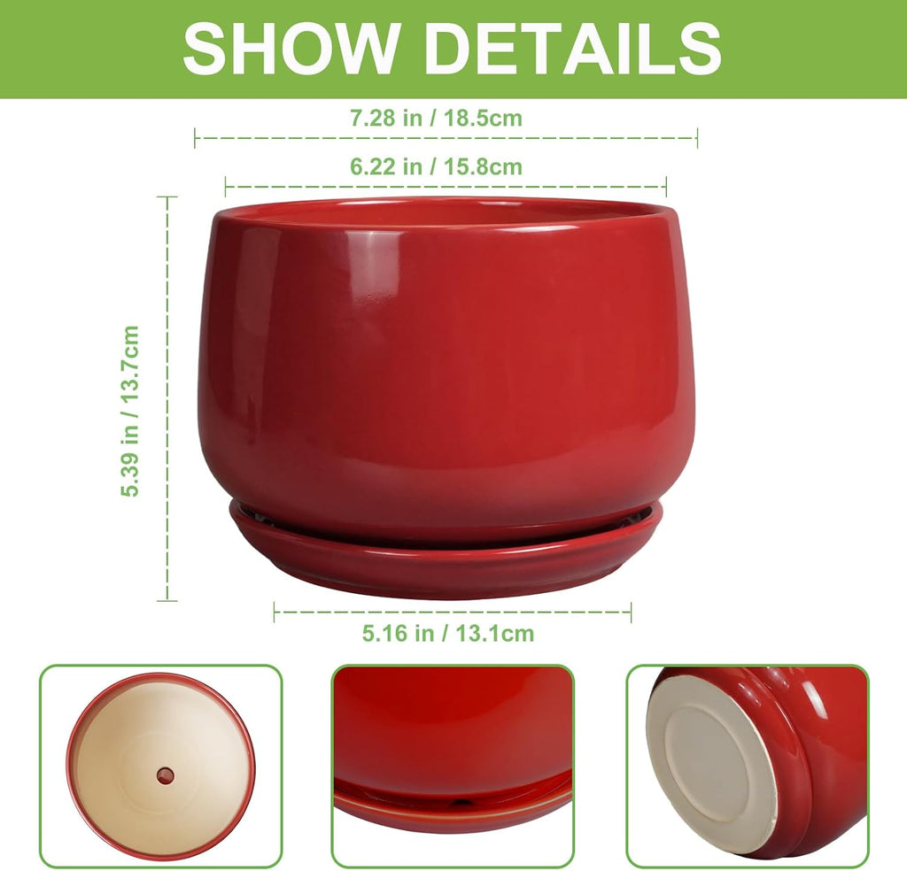 G EPGardening Ceramic Planter 7 Inch - Flower Pots for Indoor Plants, Round Planter with Drainage and Ceramic Tray, Modern Plant Pot, Bathroom Decor, Teacher Gifts, Red