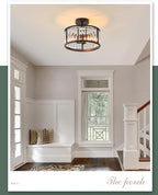 Black Flush Mount Ceiling Light, 2- Light Caged Crystal Chandelier , Small Drum Hallway Light Fixtures Ceiling Mount (Black)