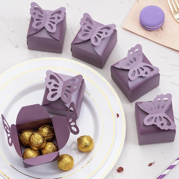 AWELL Purple Gift Candy Box Bulk 2.5x2x2.5 inches with Butterfly Bow Party Favor Box for Mother's Day, Purple,Pack of 50