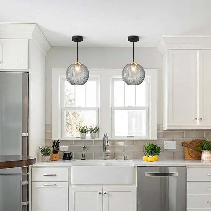 KCO Lighting Modern Smoke Gray Glass Pendant Light Kitchen Island Large Globe Farmhouse Pendant Lighting Adjustable Black Striped Glass Hanging Ceiling Lighting Fixtures Dining Room Lights