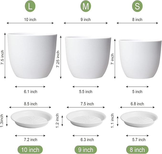 10/9/8 inch Medium Flower Pots, 3 Pack Modern Decorative Plastic Planters with Drainage Holes and Tray, Plant Pots for Indoor Outdoor Plants, White