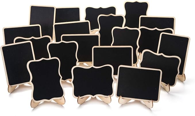 ONUPGO 20 Pack Mini Chalkboards Signs with 1 Liquid Chalk Marker, Small Wooden Chalkboard Labels with Support Easels, Place Cards Food Signs Blackboards for Table Numbers, Weddings, Party Decoration