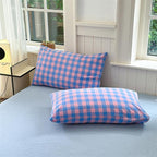 FACE TWO FACE Bedding Duvet Cover Set100% Washed Cotton Duvet Cover Linen Like Textured Breathable Durable Soft Comfy (Full, Blue Purple Grid)