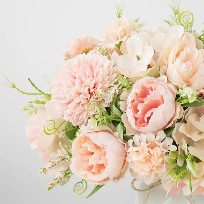 LESING Artificial Peony with Vase Silk Flowers Bouquets Fake Hydrangea Bulks for Home Table Centerpieces Wedding Decoration(Pink-1)