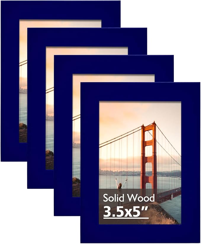 KINLINK 3.5x5 Picture Frames Navy, Solid Wood Frames with Plexiglass for Table Top and Wall Mounting, Photo Frames for Horizontal or Vertical Display, 4 Pack