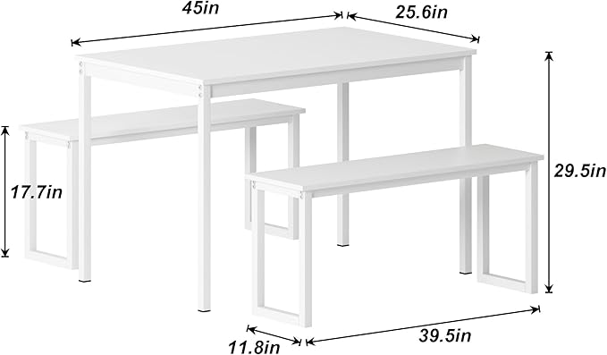soges 3 PCS Dining Table Set for 4 with 2 Benches, Soho Dining Table and Chairs Set, Industrial Kitchen Table and Chairs Kitchen Breakfast Table Set, Dining Set with Metal Frame, White