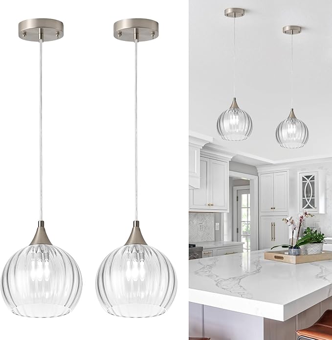 Brushed Nickel Pendant Lights Kitchen Island, Globe Pendant Light Fixtures with 8 Inch Clear Glass Shade, Modern Hanging Light Fixtures for Kitchen, Bedroom (2 Pack - Clear Glass Pendant Light)