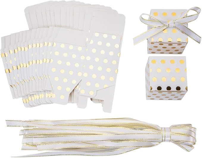 AWELL White Gift Candy Box Bulk with Gold Dots 2x2x2 inches with Ribbon Party Favor Box, Gold Dots, Pack of 50