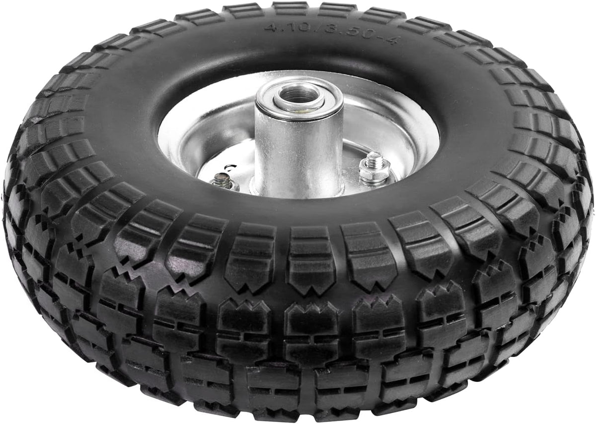 4.10/3.50-4 Tire Wheels Flat Free 10" Heavy Duty Solid Flat-Free Replacement Tire with 5/8 Axle Compatible with Gorilla Carts, Wheelbarrow, Dolly, Hand Truck (2-Pack)