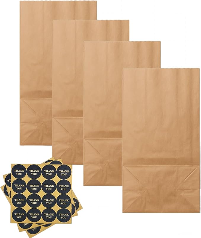 qiqee 100Pcs Treat Paper Bags 5.1"x3.1"x9.4" Brown Party Gift Bag Mini Snack Bag without Handle