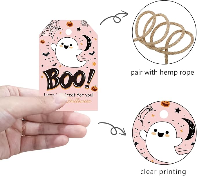 Aukolass 50Pcs Boo Gift Tags, Halloween Treat Tag for Spooky Girl Ghost Party Favor and Gift Wrapping Decoration (Pink Boo)