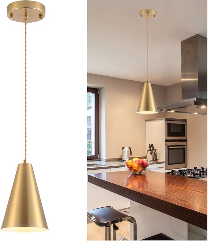Brass Pendant Lights Kitchen Island,Gold Dining Room Light Fixtures Over Table with Cone Metal Shade, Modern Vintage Mini Chandeliers,Adjustable Cord Hanging Lighting for Bar,Sink.(1 Pack)