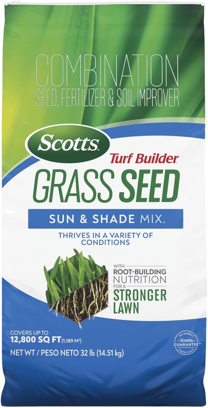 Scotts Turf Builder Grass Seed Sun and Shade Mix with Fertilizer and Soil Improver, Thrives in Many Conditions, 32 lbs.
