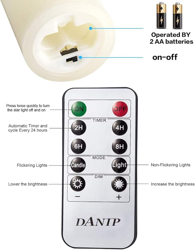 danip flameless Candle, with Embedded String Lights, 5-Piece LED Candles, with 10-Key Remote Control, 24-Hour Timer Function, Dancing Flame, Real Wax, Battery-Powered. (Ivory White)